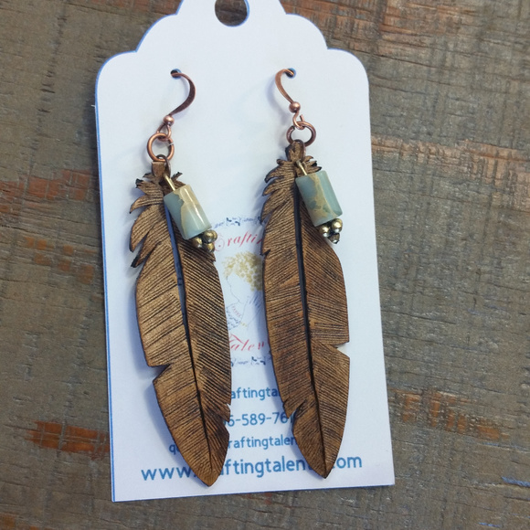 Genuine Leather Feather Earrings with Gemstones - Picture 2 of 3